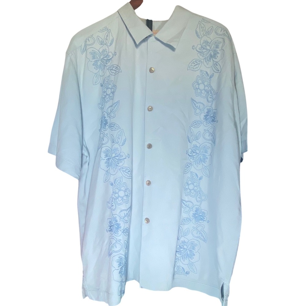 Tommy Bahama Mens Silk Button Up Shirt Light Blue Green‎ Floral Embroidered READ